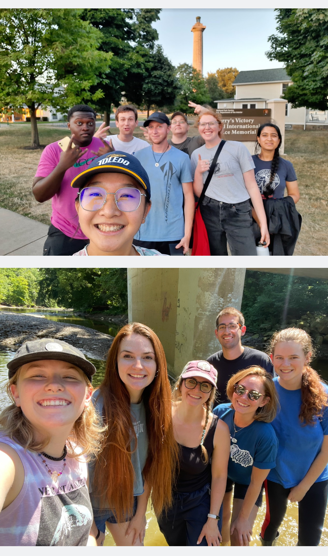 Top: group photo in front of Perry's monument; Bottom: group photo stream sampling in Milan, Ohio