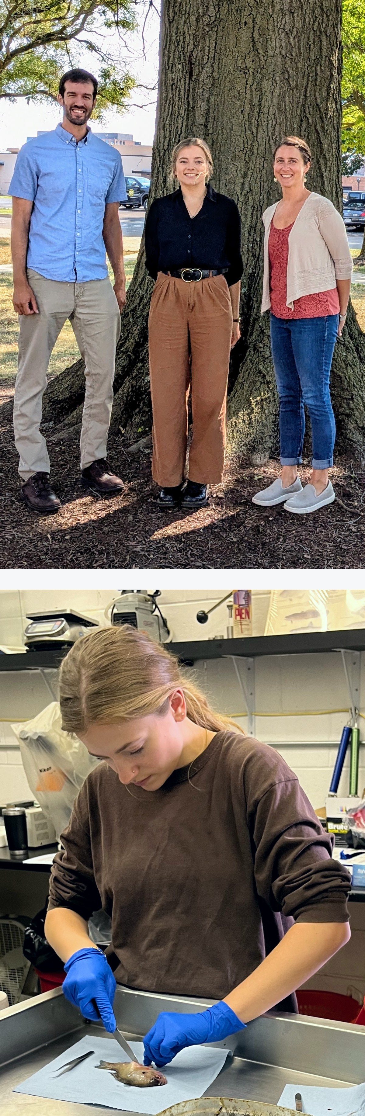 Top: Group photo of Jeremy Pritt, Kendall Ashley, & Lindsey Bruckerhoff; Bottom: Kendall dissecting a fish