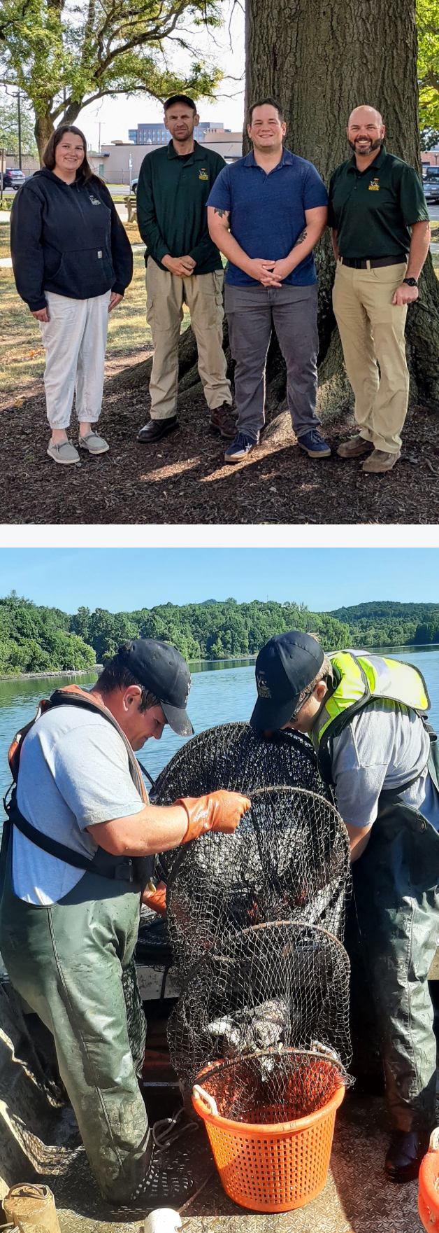 Top: Group photo of Taylor Hunkins, Steve Tyszko, Michael Figueroa, and Joe Conroy; Bottom: Michael and another worker emptying a net