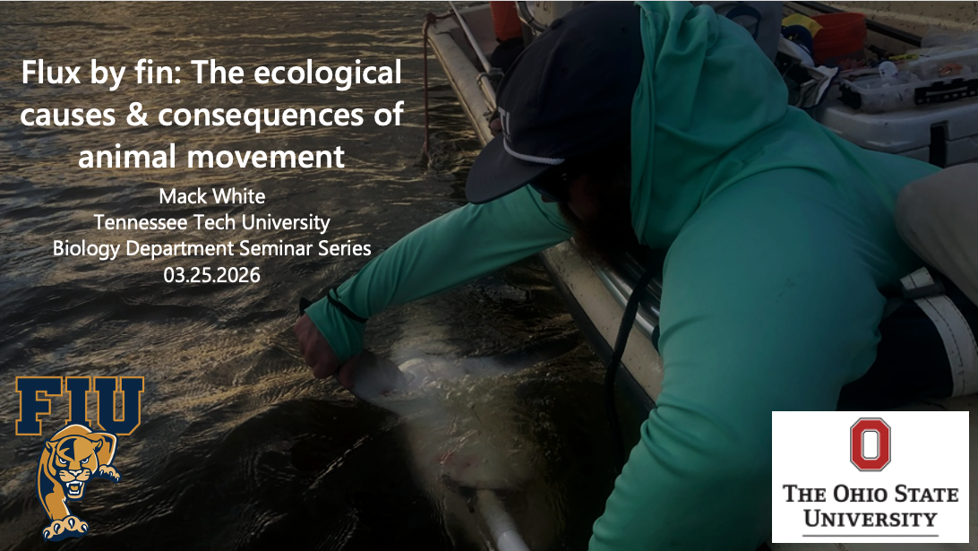 Cover slide of Mack's presentation featuring Mack leaning over the side of a boat holding a submerged fish