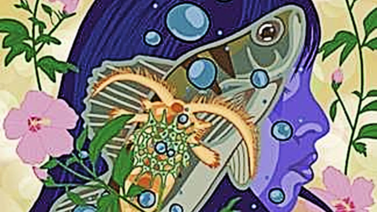 Yellow Perch, water drops, and diatom in front of a purple person surrounded by pink flowers