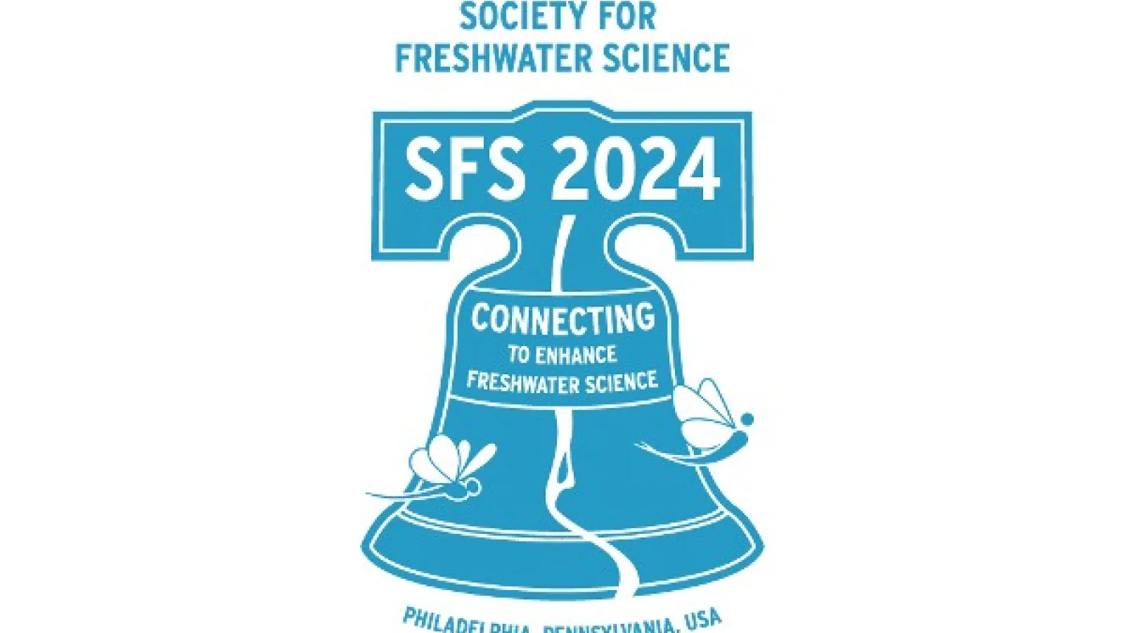 SFS 2024 Meeting Logo drawing of Liberty bell with stylized mayflies in the foreground