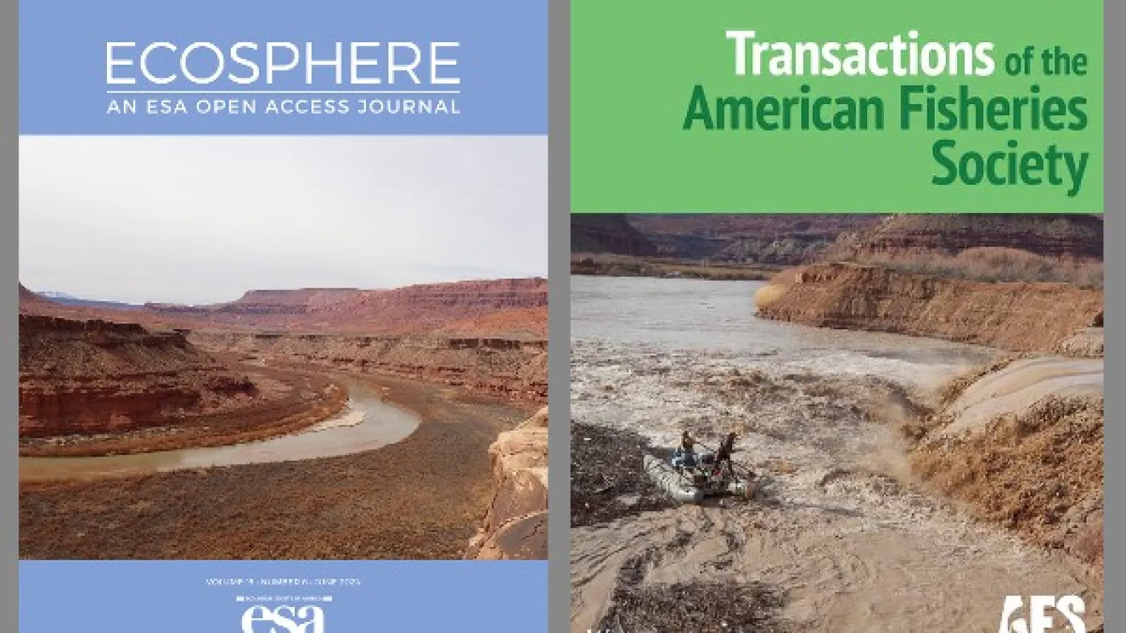 Ecosphere and Transactions of the American Fisheries Society journal covers, each depicting the San Juan River in Utah