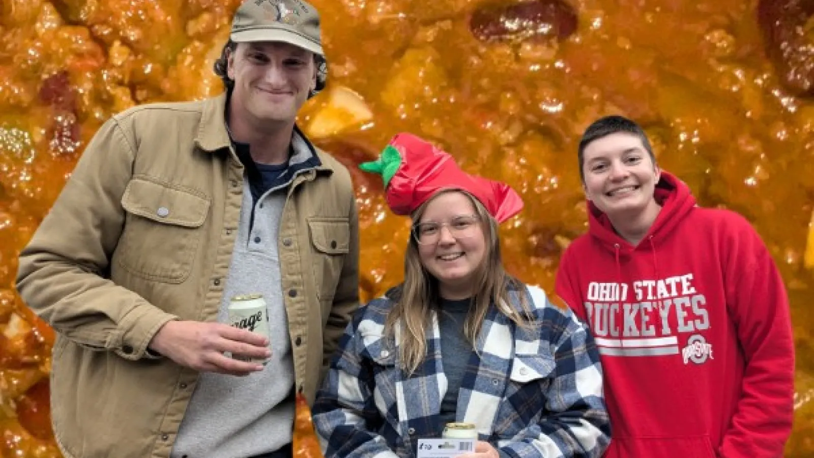 Sawyer Olson, Kylee Wilson, and Madeline Schumacher; background is chili
