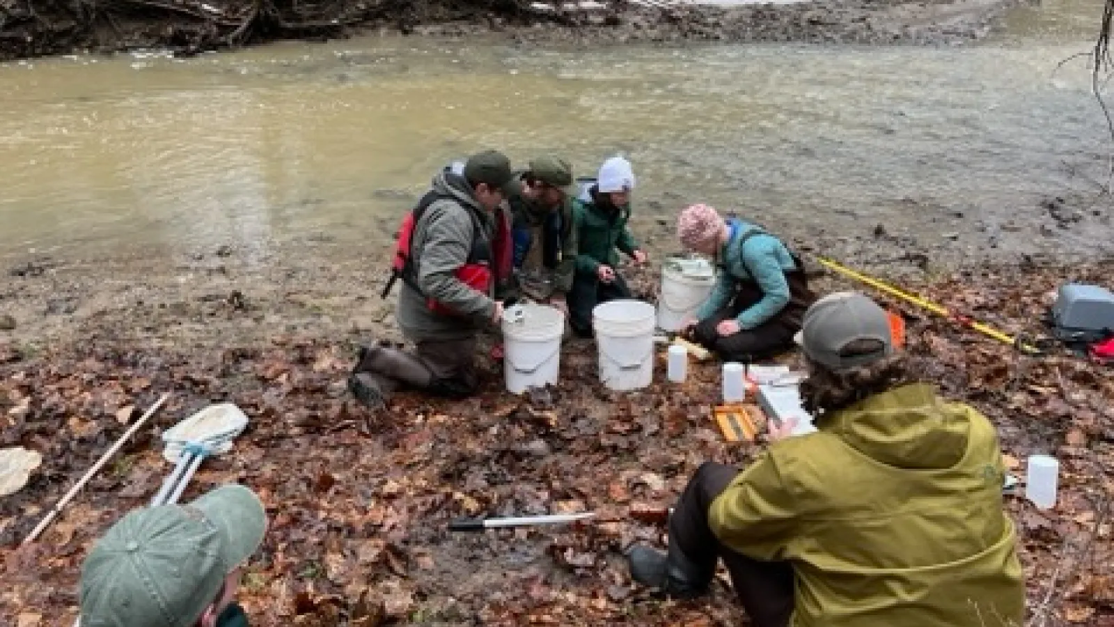 Group of people on the side of a stream 