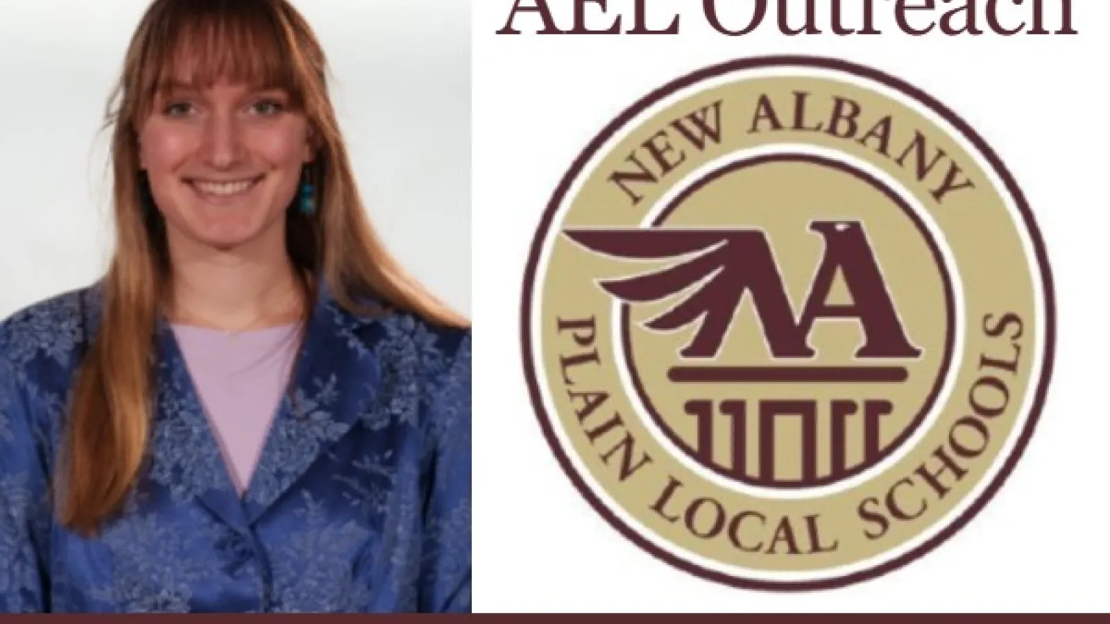 Sophie Dziekan, "AEL Outreach" and the seal of the New Albany Plain School District