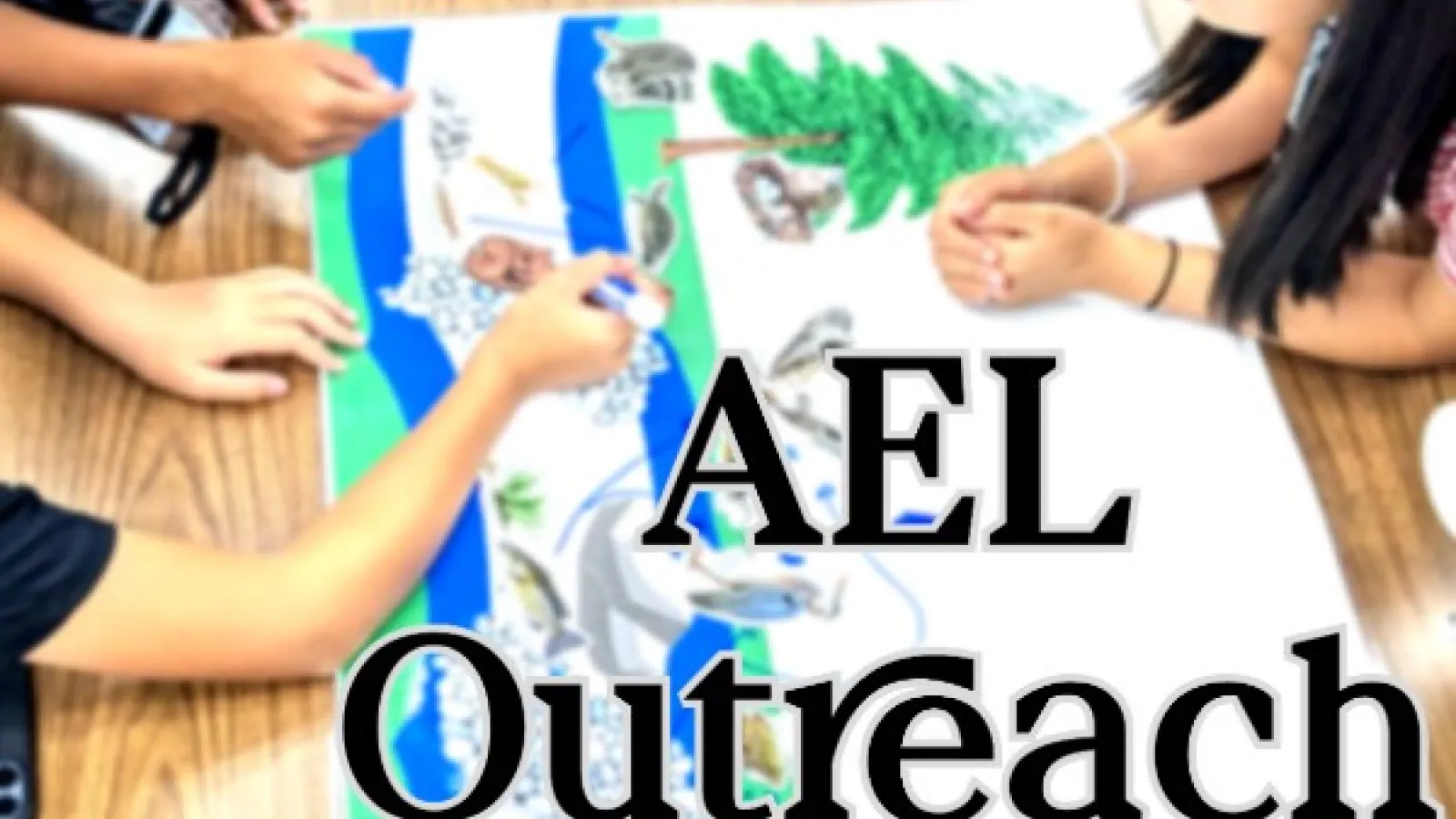 Text: "AEL Outreach" over a photo of students working on a group activity