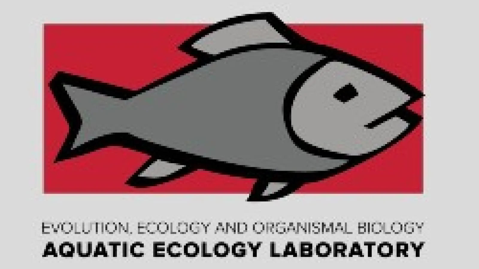 Gray stylized fish on red background with words Evolution Ecology and Organismal Biology Aquatic Ecology Laboratory