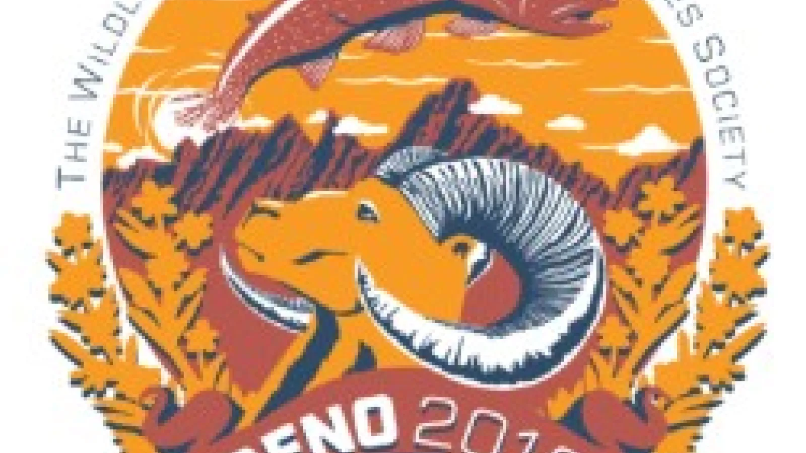 Yellow and red logo with a ram's head and trout