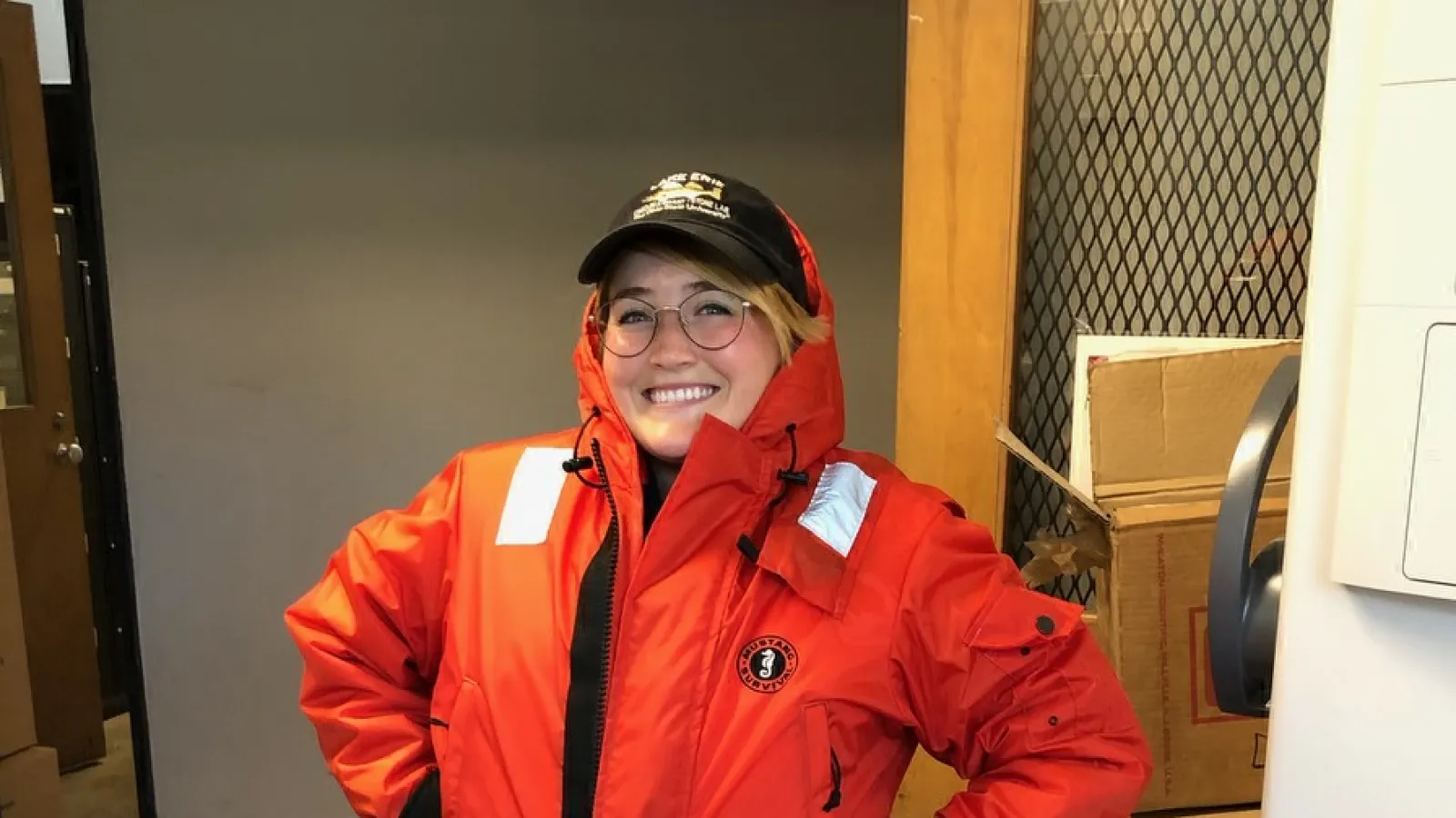 Work Day 2019 Kaitlin in a survival suit