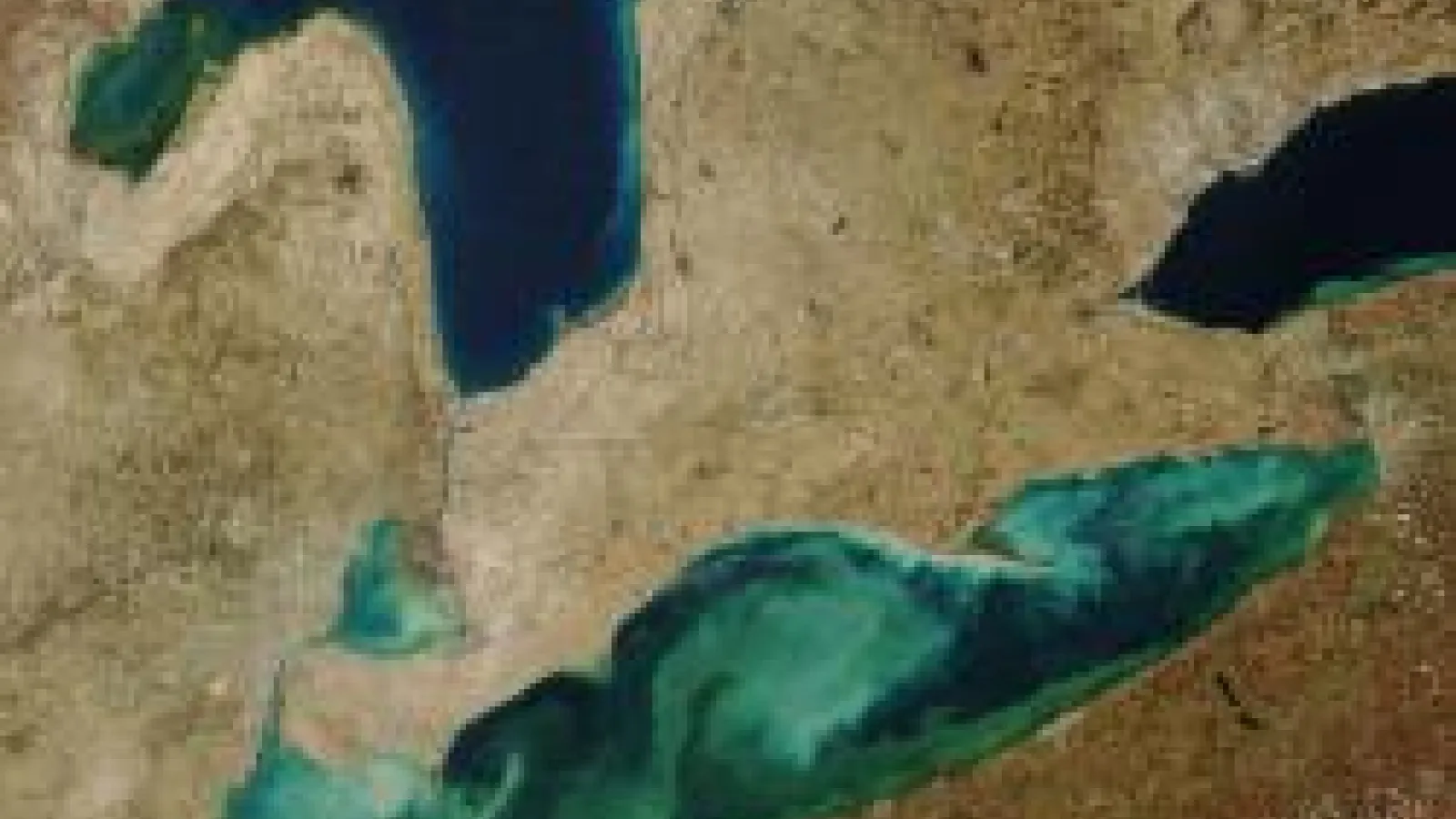 Aerial photo of Lake Erie with an active algal bloom
