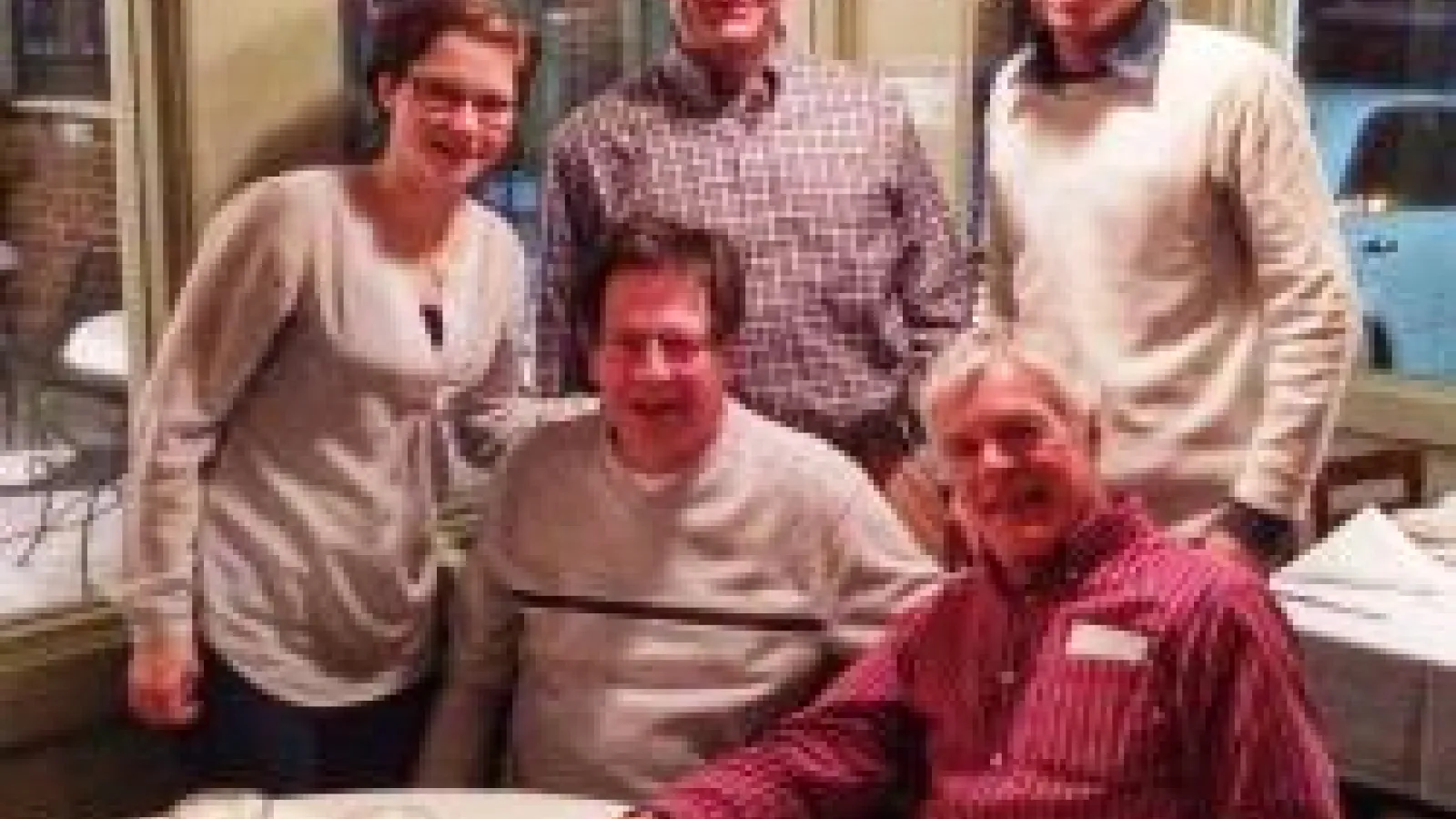 Group photo at dinner: Cassie May, Stu Ludsin, Alex Chen, Roy Stein and Peter Sale