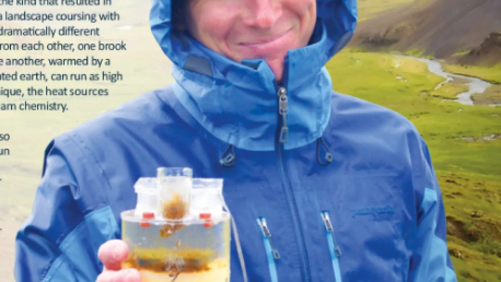 Dr. Jim Hood holding a water sample taken from and Iceland stream