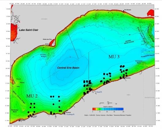 Lake Erie Bathymetric map with sites identified