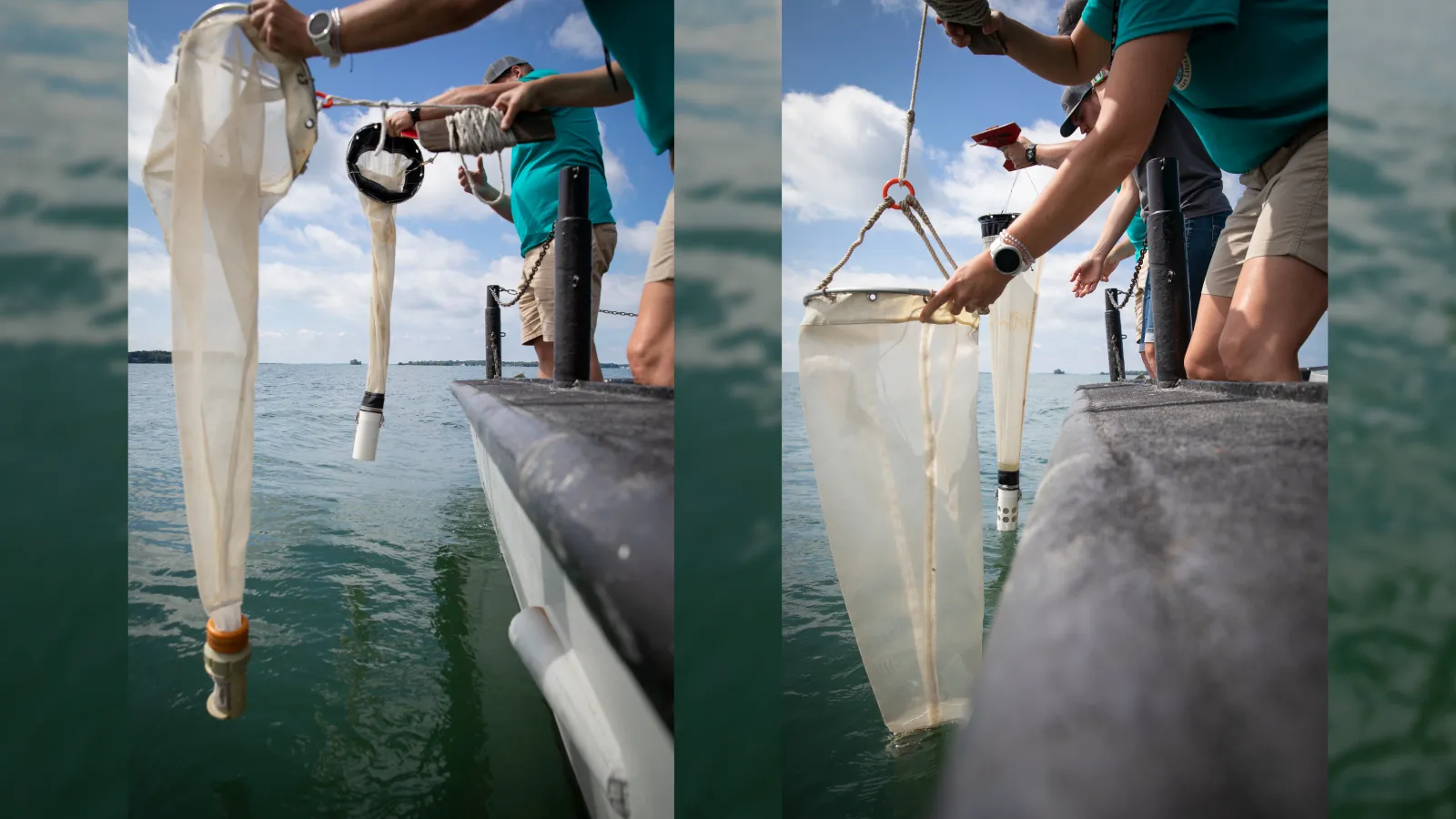 Zooplankton net being lowered over the edge of the boat