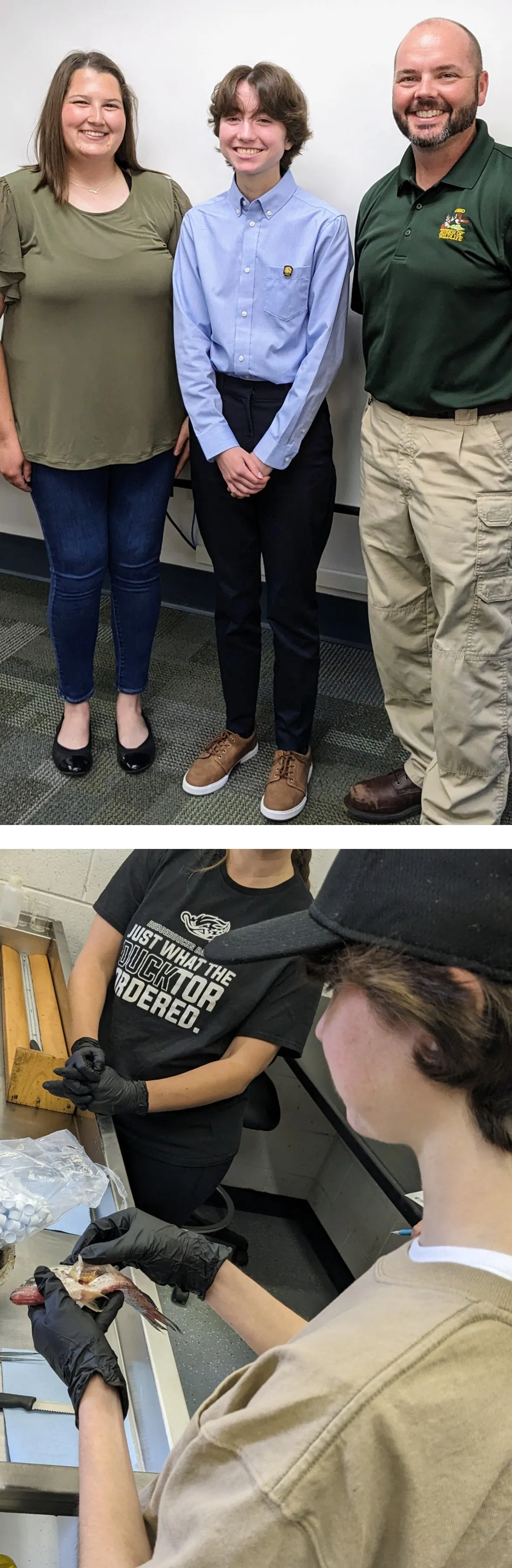 Top: Taylor Hunkins, Jay Kelly, Joe Conroy; Bottom: Jay dissecting a fish