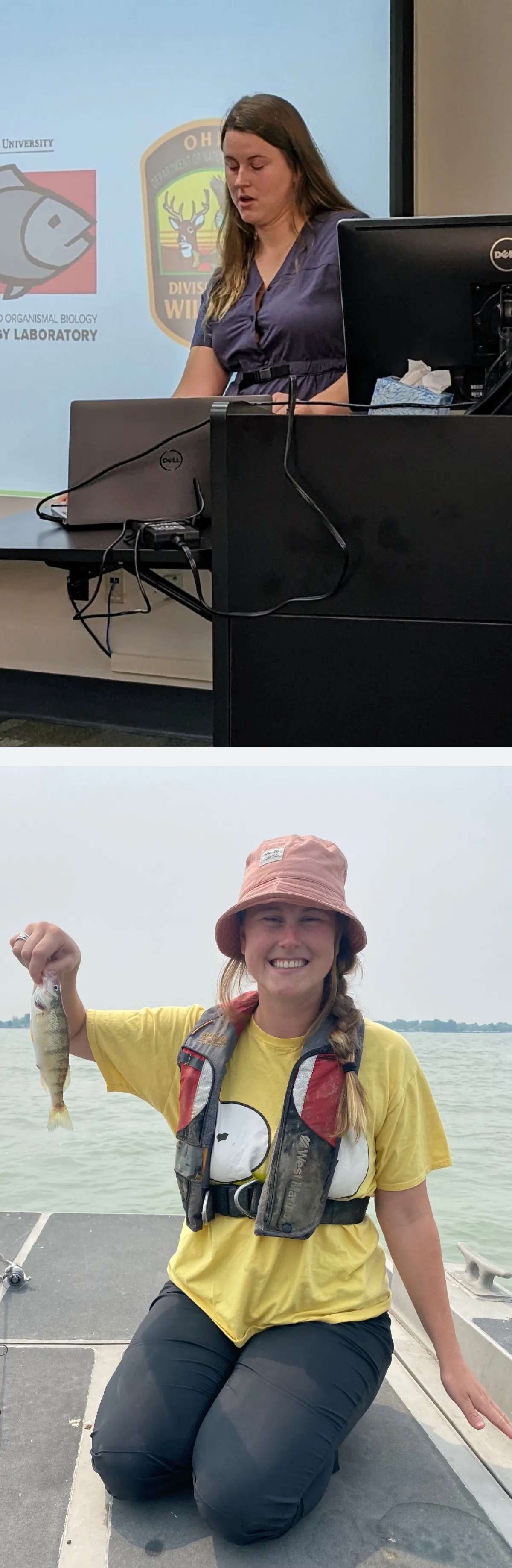 Top: Marley McLaughlin presenting her REU research; Bottom: Marley helping with field work 