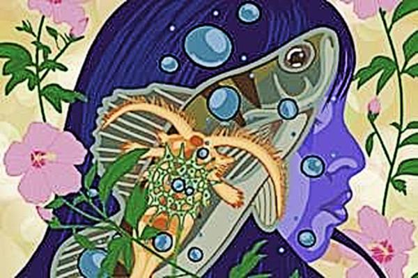 Yellow Perch, water drops, and diatom in front of a purple person surrounded by pink flowers