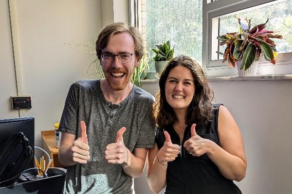 Joe Gentine & Rachael Finigan giving two thumbs up