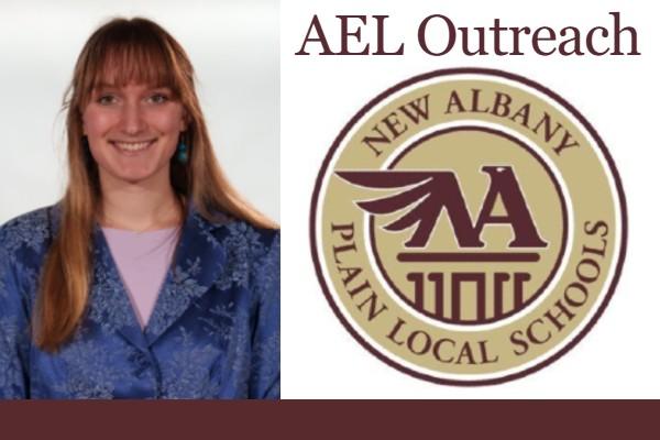 Sophie Dziekan, "AEL Outreach" and the seal of the New Albany Plain School District