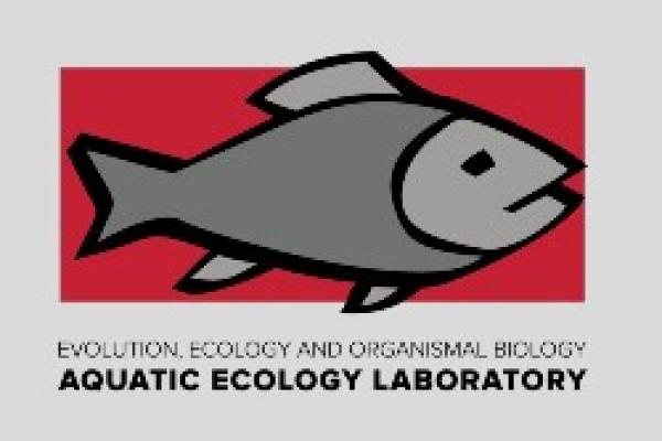 AEL logo Gray stylized fish on red background with words Evolution Ecology and Organismal Biology Aquatic Ecology Laboratory