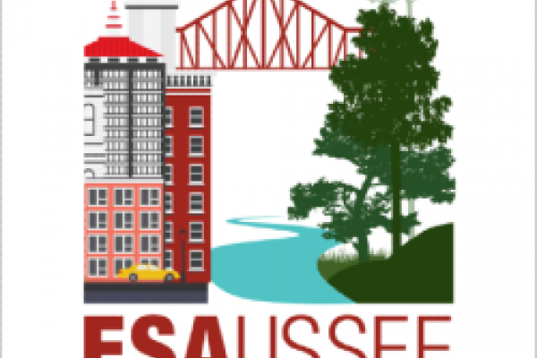 Ecological Society of America 2019 meeting logo, a drawn city with "ESA USSEE Louisville 2019"