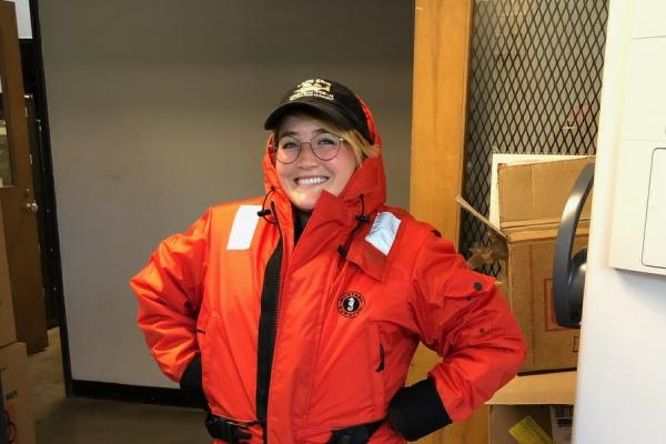 Work Day 2019 Kaitlin in a survival suit