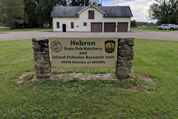 Location sign for Hebron State Fish Hatchery and Inland Fisheries Research Unit, ODNR Division of Wildlife