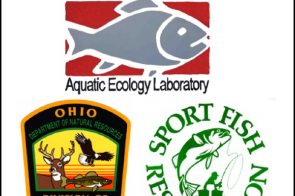 logos for OSU's Aquatic Ecology Laboratory, Ohio Department of Natural Resources's Division of Wildlife, and the Sport Fish Restoration.
