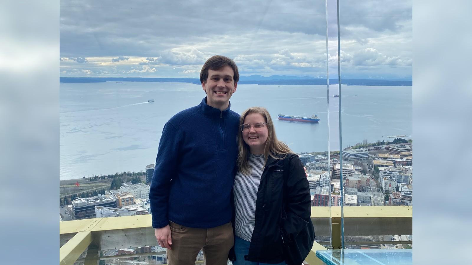 Andrew Foley and Kylee Wilson on the space needle viewing platform