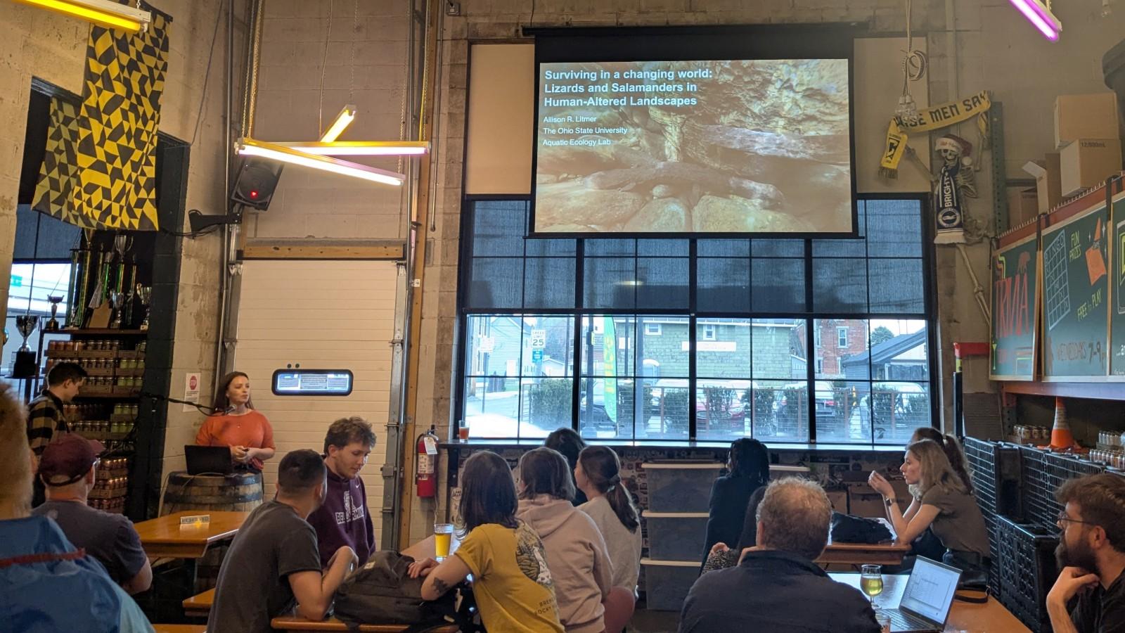 Allie Litmer presenting at Science 'n' Suds at Parsons brewery