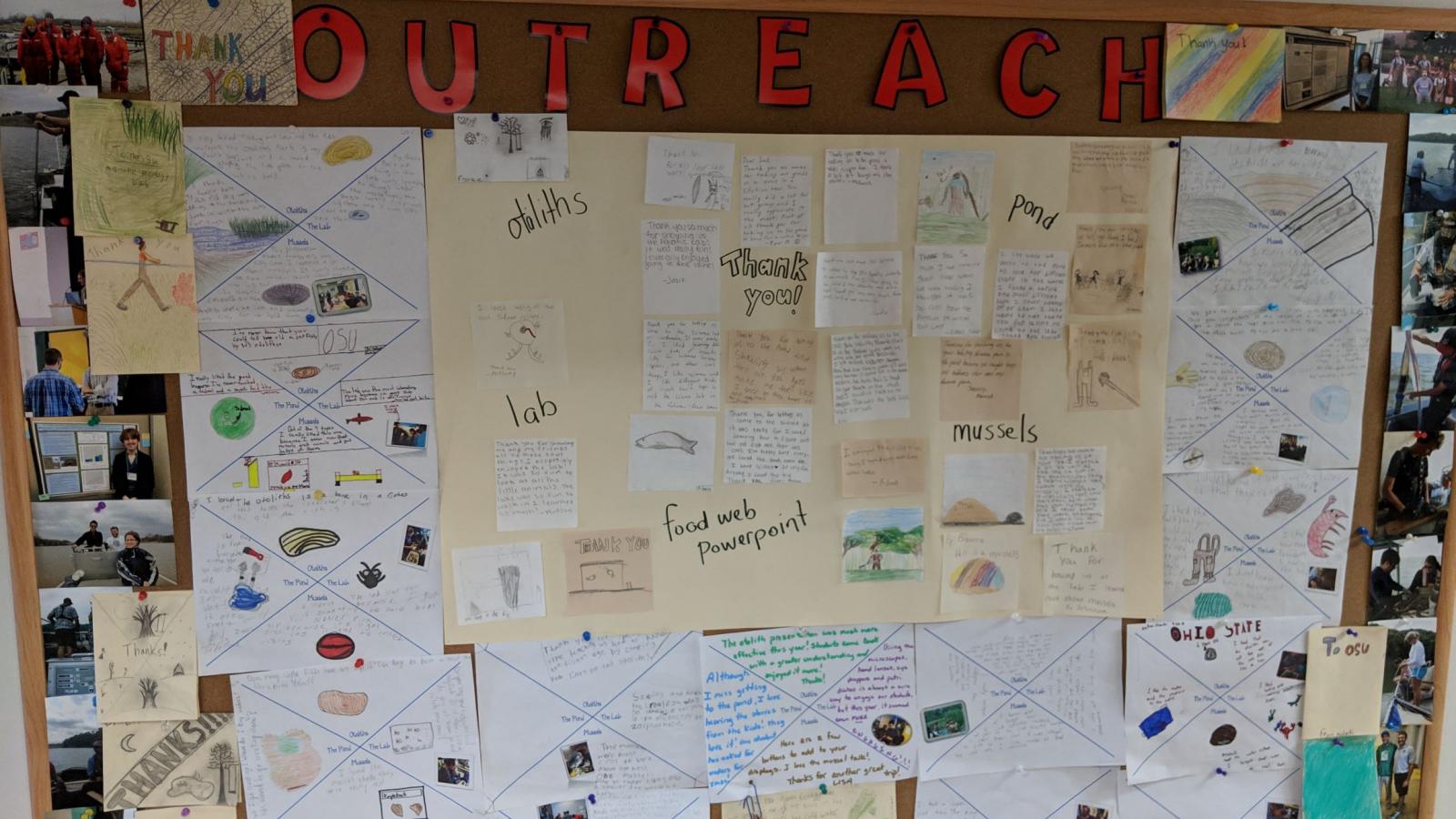 Full bulletin board of 6th grade notebooks and what they learned